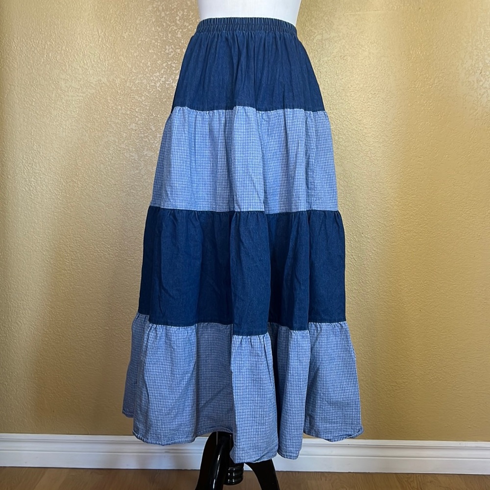VINTAGE Roughrider by Circle T Western Wear Tiered Denim Prairie Skirt Size L